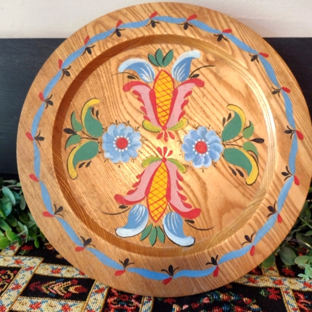 Hand-Painted Floral Wood Wall Plate - Blue, Red, Green